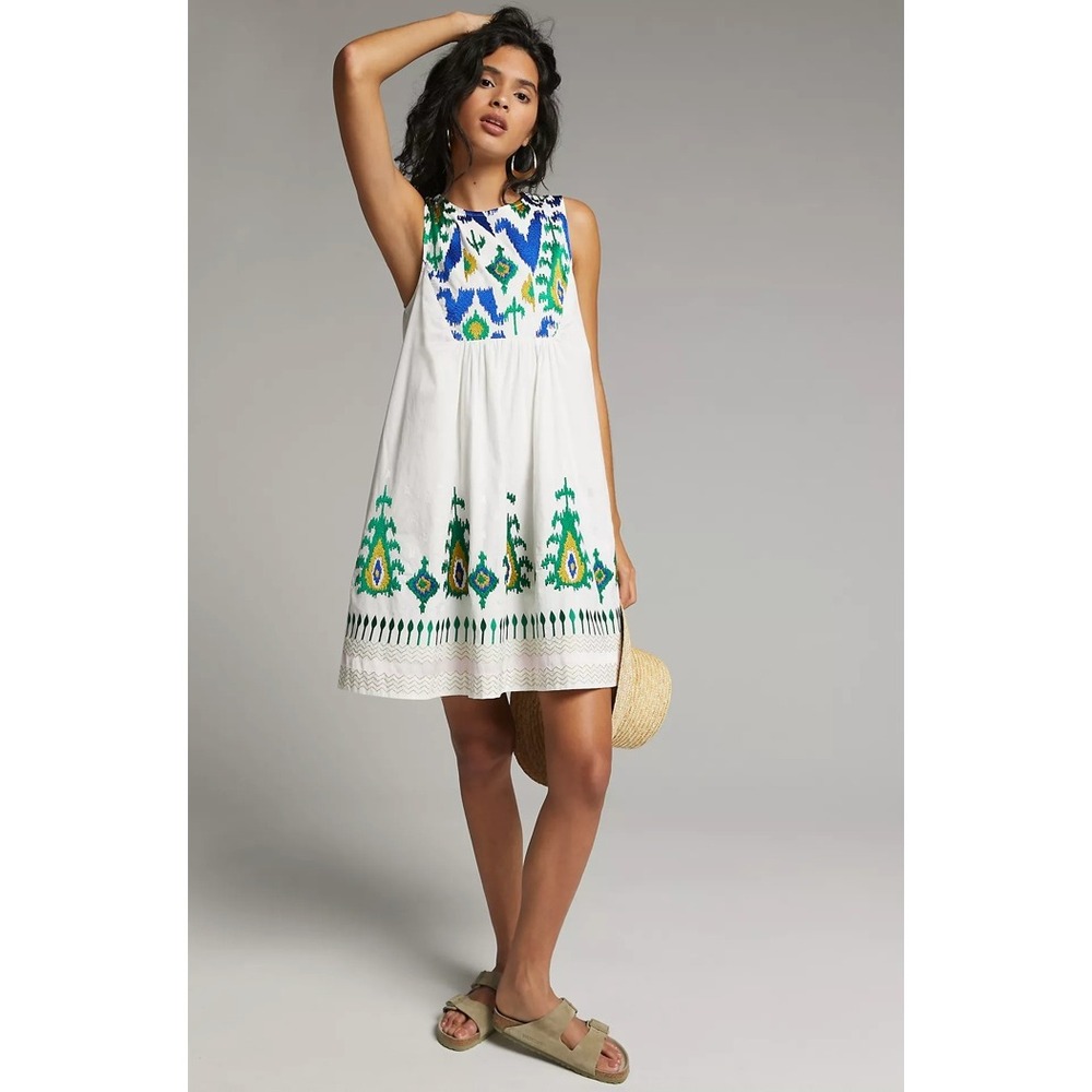 Anthropologie Vivienne Tunic Dress Embroidered Babydoll Dress White Green XS